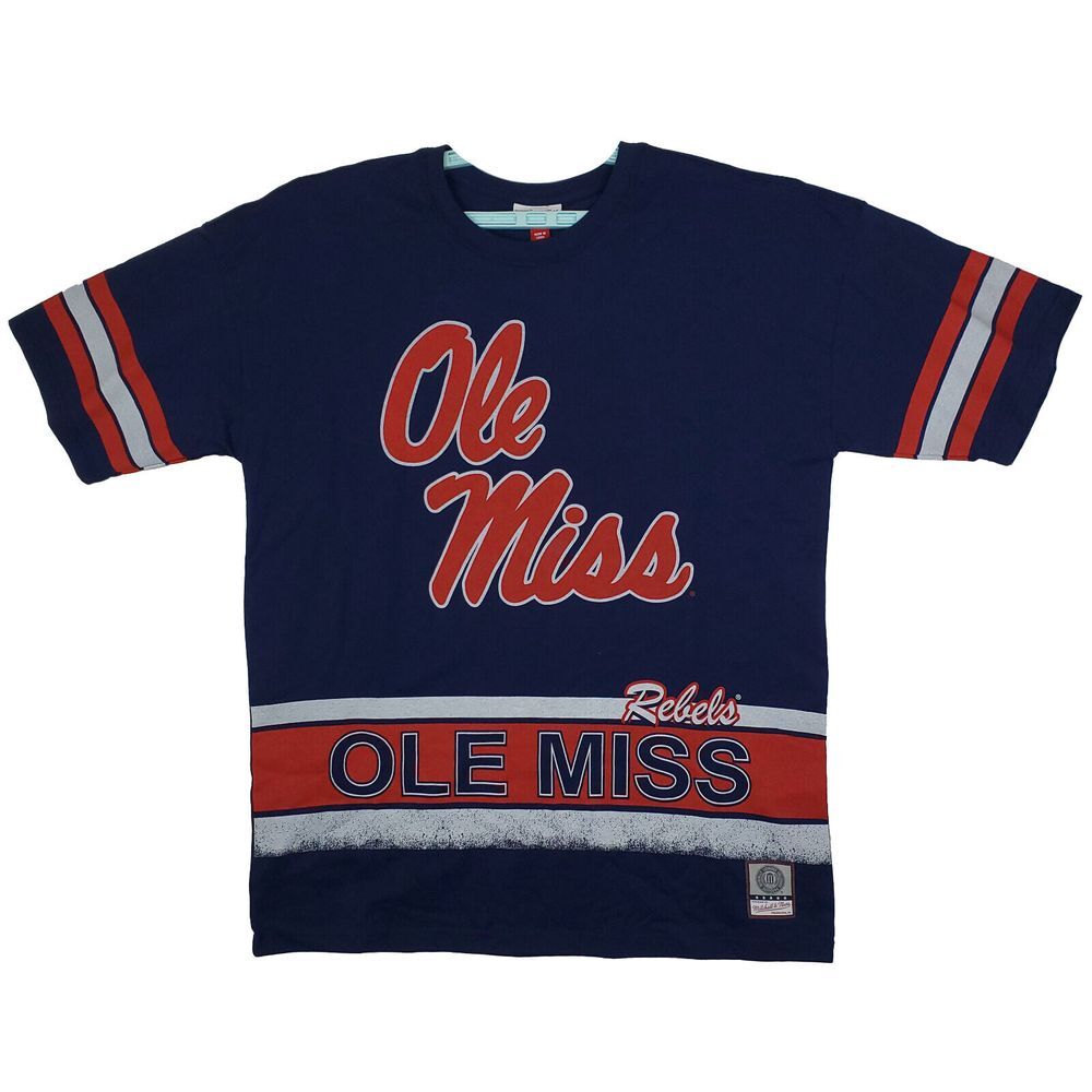 Ole Miss Rebels Mitchell & Ness NCAA Large Shirt Distressed Logo Navy Red NWT